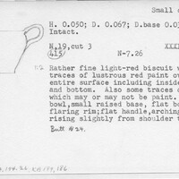 Index card with typed and handwritten information, sometimes including a sketch, of pottery from an excavation.