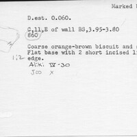 Index card with typed and handwritten information, sometimes including a sketch, of pottery from an excavation.