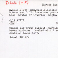 Index card with typed and handwritten information, sometimes including a sketch, of pottery from an excavation.