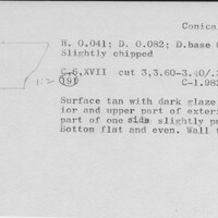 Index card with typed and handwritten information, sometimes including a sketch, of pottery from an excavation.