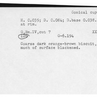 Index card with typed and handwritten information, sometimes including a sketch, of pottery from an excavation.