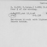 Index card with typed and handwritten information, sometimes including a sketch, of pottery from an excavation.