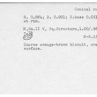 Index card with typed and handwritten information, sometimes including a sketch, of pottery from an excavation.