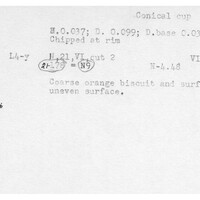 Index card with typed and handwritten information, sometimes including a sketch, of pottery from an excavation.
