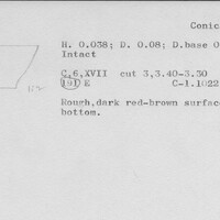 Index card with typed and handwritten information, sometimes including a sketch, of pottery from an excavation.