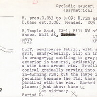 Index card with typed and handwritten information, sometimes including a sketch, of pottery from an excavation.
