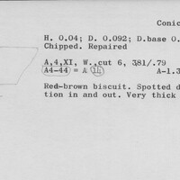 Index card with typed and handwritten information, sometimes including a sketch, of pottery from an excavation.