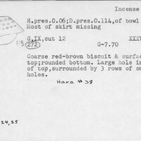 Index card with typed and handwritten information, sometimes including a sketch, of pottery from an excavation.