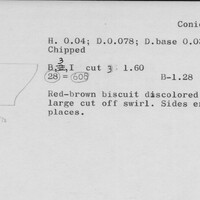 Index card with typed and handwritten information, sometimes including a sketch, of pottery from an excavation.