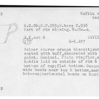 Index card with typed and handwritten information, sometimes including a sketch, of pottery from an excavation.