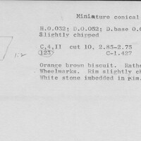 Index card with typed and handwritten information, sometimes including a sketch, of pottery from an excavation.