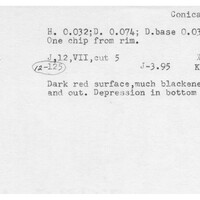 Index card with typed and handwritten information, sometimes including a sketch, of pottery from an excavation.