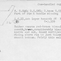 Index card with typed and handwritten information, sometimes including a sketch, of pottery from an excavation.