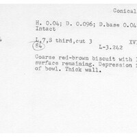 Index card with typed and handwritten information, sometimes including a sketch, of pottery from an excavation.