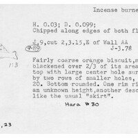 Index card with typed and handwritten information, sometimes including a sketch, of pottery from an excavation.