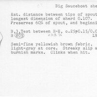 Index card with typed and handwritten information, sometimes including a sketch, of pottery from an excavation.
