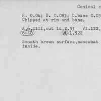 Index card with typed and handwritten information, sometimes including a sketch, of pottery from an excavation.