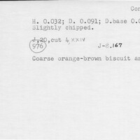 Index card with typed and handwritten information, sometimes including a sketch, of pottery from an excavation.