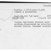 Index card with typed and handwritten information, sometimes including a sketch, of pottery from an excavation.