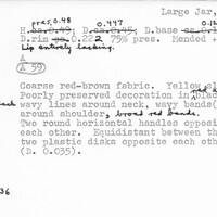 Index card with typed and handwritten information, sometimes including a sketch, of pottery from an excavation.