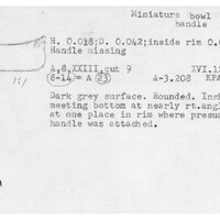 Index card with typed and handwritten information, sometimes including a sketch, of pottery from an excavation.