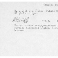 Index card with typed and handwritten information, sometimes including a sketch, of pottery from an excavation.