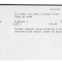 Index card with typed and handwritten information, sometimes including a sketch, of pottery from an excavation.