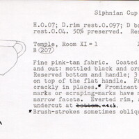 Index card with typed and handwritten information, sometimes including a sketch, of pottery from an excavation.