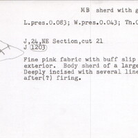 Index card with typed and handwritten information, sometimes including a sketch, of pottery from an excavation.