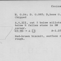 Index card with typed and handwritten information, sometimes including a sketch, of pottery from an excavation.