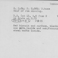 Index card with typed and handwritten information, sometimes including a sketch, of pottery from an excavation.
