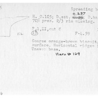 Index card with typed and handwritten information, sometimes including a sketch, of pottery from an excavation.