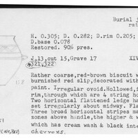 Index card with typed and handwritten information, sometimes including a sketch, of pottery from an excavation.