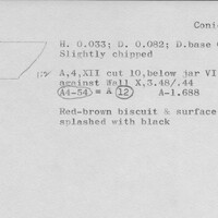 Index card with typed and handwritten information, sometimes including a sketch, of pottery from an excavation.