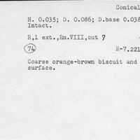 Index card with typed and handwritten information, sometimes including a sketch, of pottery from an excavation.