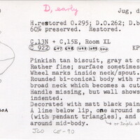 Index card with typed and handwritten information, sometimes including a sketch, of pottery from an excavation.