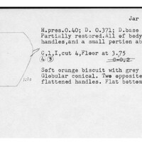 Index card with typed and handwritten information, sometimes including a sketch, of pottery from an excavation.