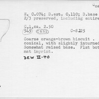 Index card with typed and handwritten information, sometimes including a sketch, of pottery from an excavation.