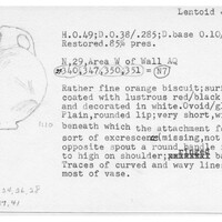 Index card with typed and handwritten information, sometimes including a sketch, of pottery from an excavation.