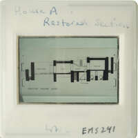Black and white architectural drawing on a clear plastic mount with handwritten notes.
