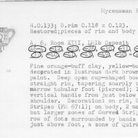 Index card with typed and handwritten information, sometimes including a sketch, of pottery from an excavation.