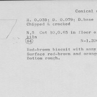 Index card with typed and handwritten information, sometimes including a sketch, of pottery from an excavation.