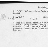 Index card with typed and handwritten information, sometimes including a sketch, of pottery from an excavation.