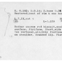 Index card with typed and handwritten information, sometimes including a sketch, of pottery from an excavation.