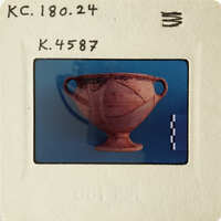 Ancient Greek vase with two handles, displayed on a blue background.