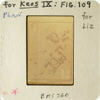 Old map displayed on a slide with handwritten notes and labels.