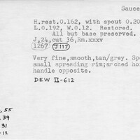 Index card with typed and handwritten information, sometimes including a sketch, of pottery from an excavation.