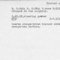 Index card with typed and handwritten information, sometimes including a sketch, of pottery from an excavation.