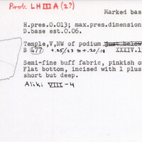 Index card with typed and handwritten information, sometimes including a sketch, of pottery from an excavation.