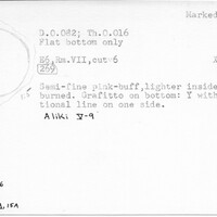Index card with typed and handwritten information, sometimes including a sketch, of pottery from an excavation.